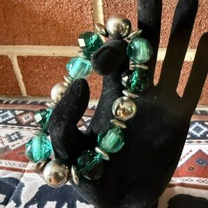 Women's Bold Green & Silver Beaded Elastic Stretch Bangle Bracelet
